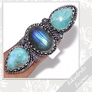 Larimar, Labradorite Large Silver Artisan Ring, Size 9 (Turquoise / Aqua, Blue)
